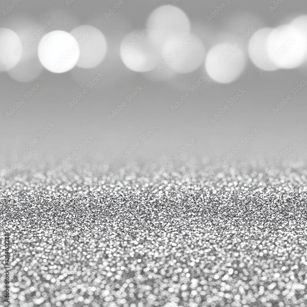 Poster sparkling silver glitter surface with bokeh lights creating a festive and elegant background texture