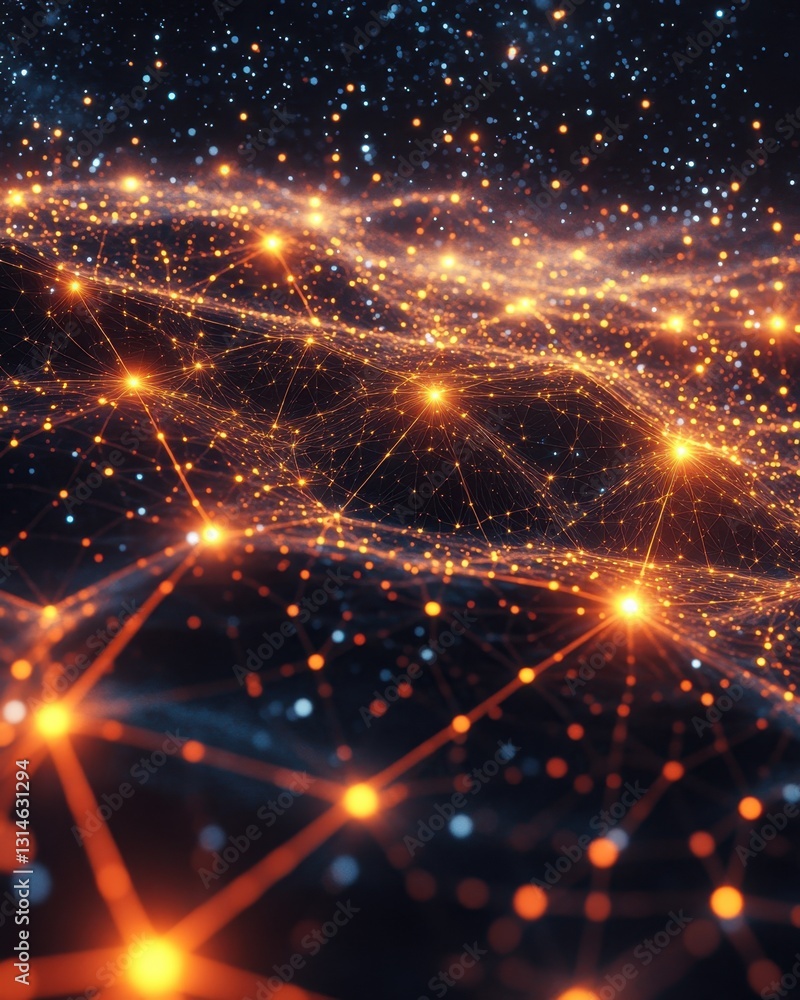 Poster abstract network of glowing orange and blue dots connecting in dark space digital art style backgrou