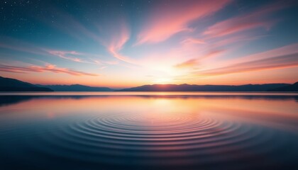 Fototapeta premium A serene lake reflects a colorful sunset and starry sky.