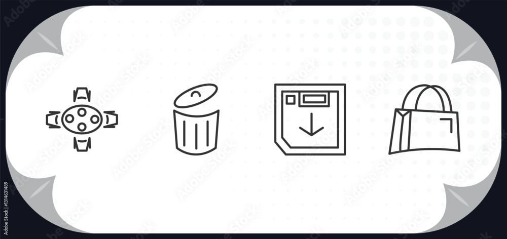 Aufkleber outline icons set - tools and utensils concept. dining, trash can open, face down floppy disk, bag w