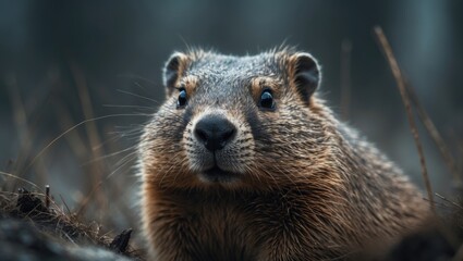 Close-up view of a curious groundhog.