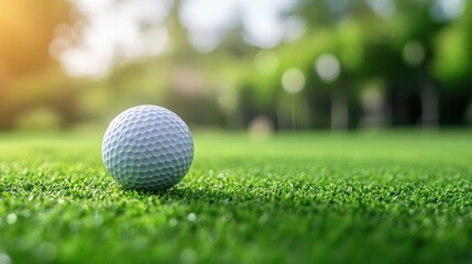 Naklejka premium Closeup view of golf ball on green grass lawn