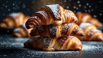 Close-up view of a stack of delicious croissants against a dark backdrop. Homemade croissants. Sugar glass cascading. Vertical.