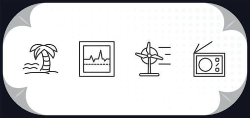 outline icons set - technology concept. holiday, electrocardiogram line, wind power, radio with antenna.