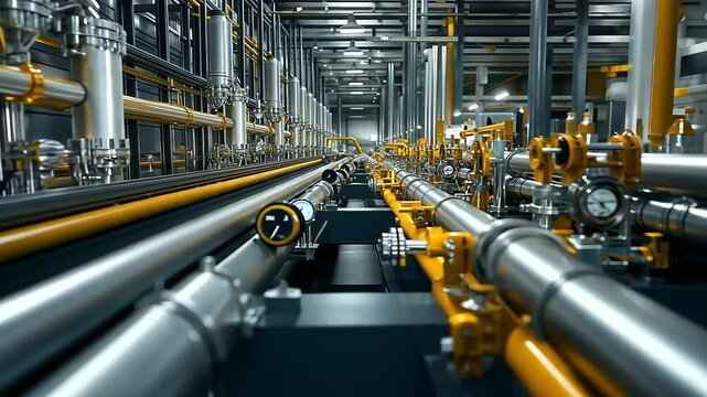 A complex arrangement of gas pipelines crossing in different directions within a modern oil and gas production plant, with pressure gauges and safety valves attached along the leng