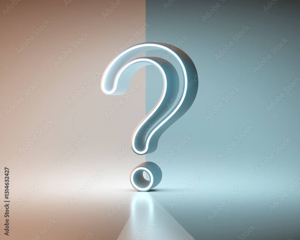 Poster glowing white large question mark on a gradient background, symbolizing inquiry, uncertainty, or a n
