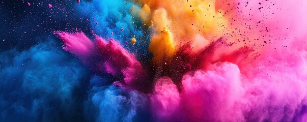 Dynamic color burst with an abstract explosion of powder in blue, pink, orange, and yellow.