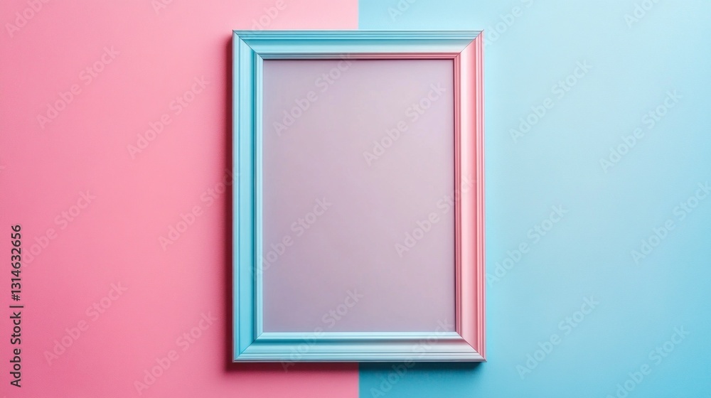 Poster a vibrant empty frame rests between two halves of soft pink and blue hues, inviting creativity and i