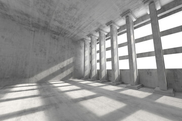 Modern architectural interior with concrete columns and floor. 3d render