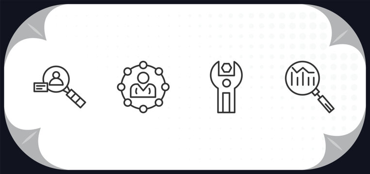 outline icons set - technology concept. user research, affiliate marketing, sdk, search engine marketing.