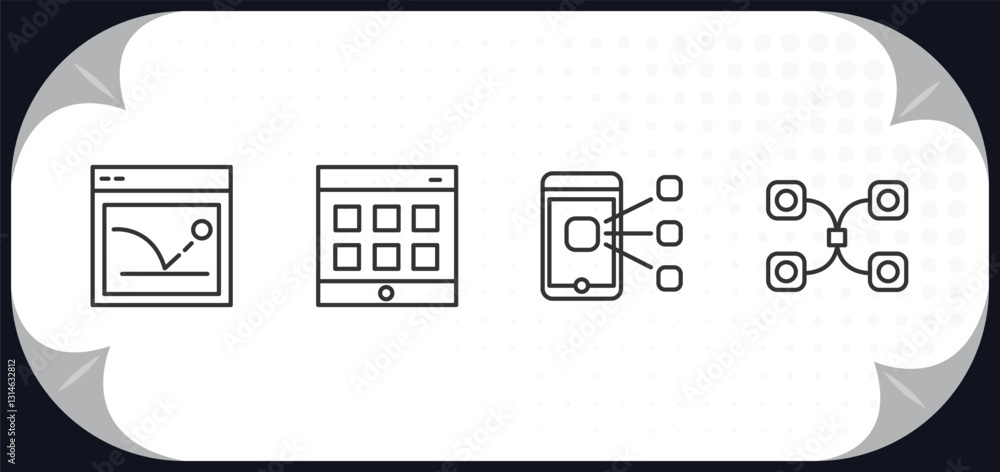 Poster outline icons set - technology concept. bounce rate, web apps, content curation, data modelling.