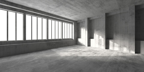 Modern industrial concrete interior with large windows for architectural design. 3d render