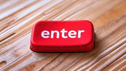 Close-up view of a red enter key placed on a wooden surface.