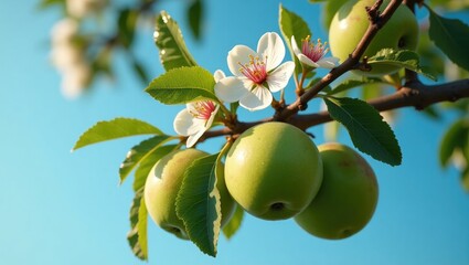 Close-up view of blossoms and apples on an apple tree, featuring dew drops and a blue sky in the background.