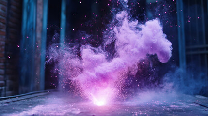 Vibrant purple powder bursting, generating dynamic smoke patterns against dark backdrop