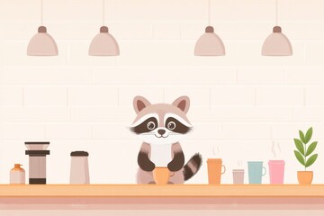 Cheerful raccoon loves coffee in a cozy cafe filled with cups and energy