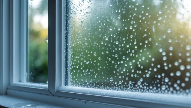 Close-up view of blown double glazed unit. Failed glazing in the window with condensation present inside.