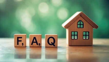 Close-up of a FAQ text block alongside a toy wooden house on a wooden table.