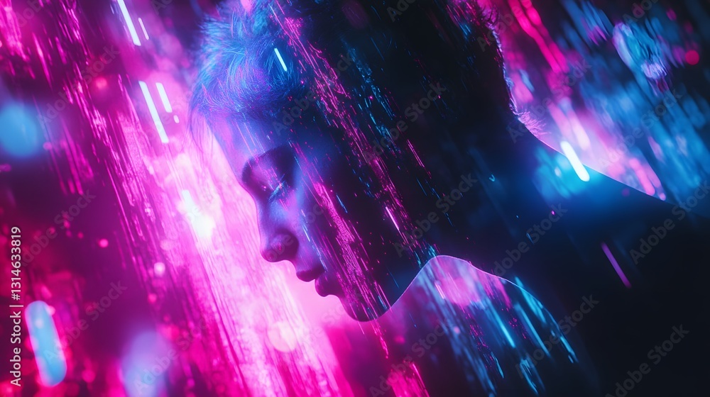 Poster a dynamic futuristic abstract scene with flowing vibrant colors and intricate patterns, representing