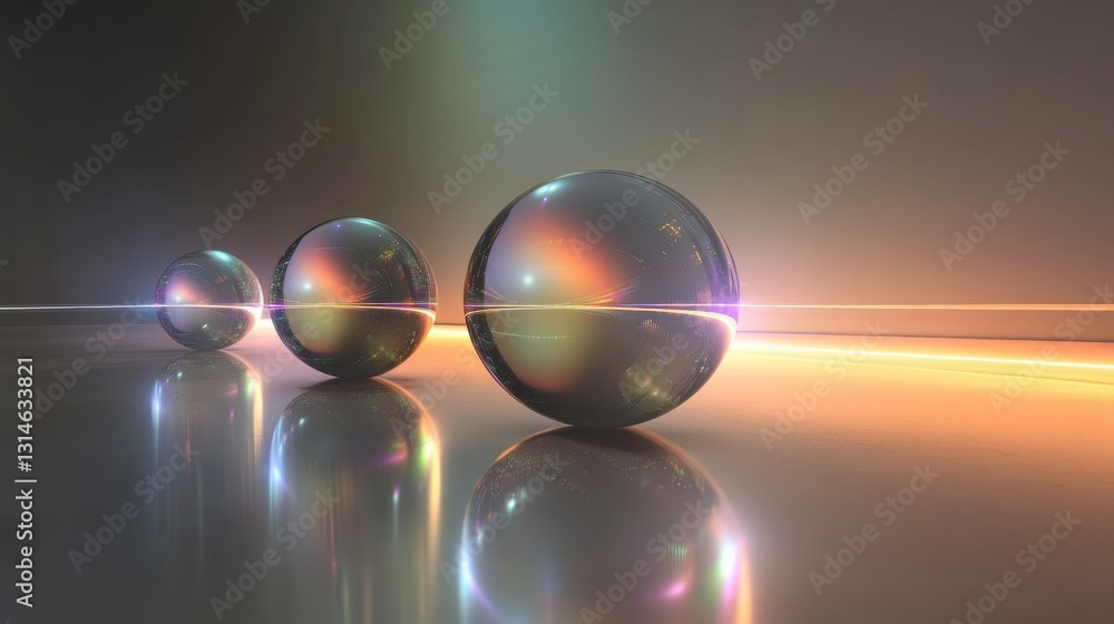 Poster Multiple spheres represent unique virtual worlds connected by mesmerizing light beams in an imaginative cosmic setting