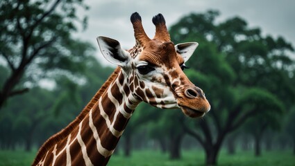 Obraz premium Close-up of a giraffe with a green tree backdrop.