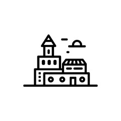 Fototapeta premium Stylized castle icon with sun and clouds, architectural design