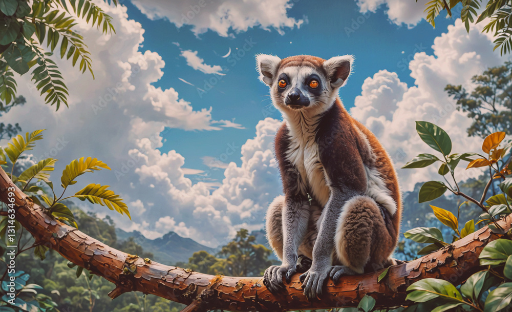 Poster lemur is sitting on a branch in a forest. the sky is cloudy and the sun is shining through the cloud
