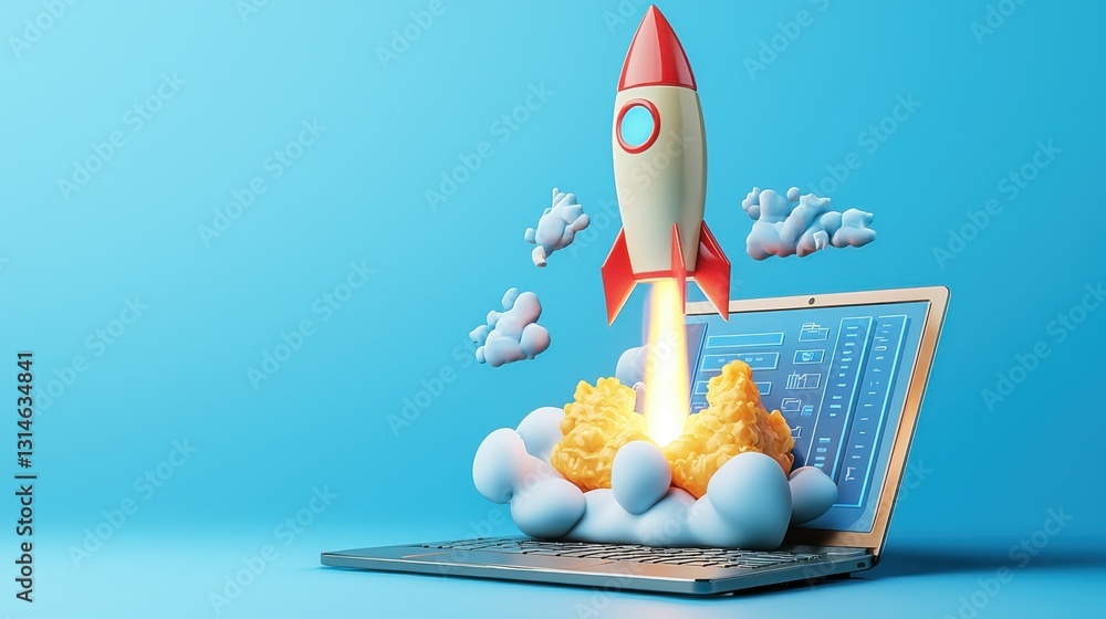 Poster rocket launching from a laptop computer symbolizing the power of technology innovation and digital t