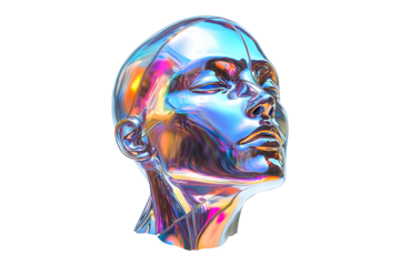 3D futuristic metallic human head sculpture Isolated on White and Transparent Background PNG Image.