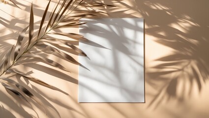 Card mockup with blank space from above, flat lay. Greetings, wedding invitations empty, paper sheet and dried palm leaf on the backdrop.
