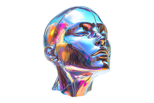 3D futuristic metallic human head sculpture Isolated on White and Transparent Background PNG Image.