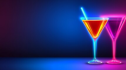 Neon Pink and Orange Cocktails in Martini Glasses on Dark Blue Background