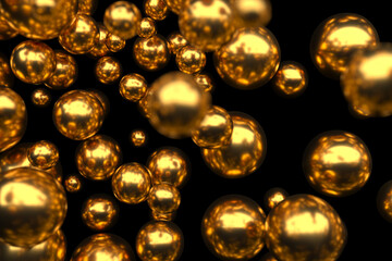 Glowing gold spheres floating in abstract space. 3d render