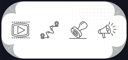 outline icons set - social media marketing concept. video player, path, stamps, marketing.