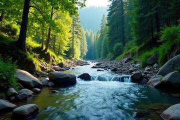 Obraz premium River water flowing through a narrow forest canyon, natural scenery, canyon scenery