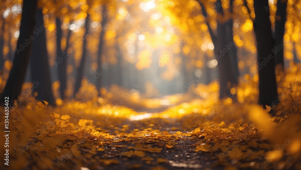 Poster orange autumn bokeh backdrop from a nature forest that is out of focus. blurred design element. defo