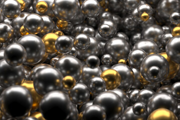 Abstract metallic and golden spheres clustered together for modern design. 3d render