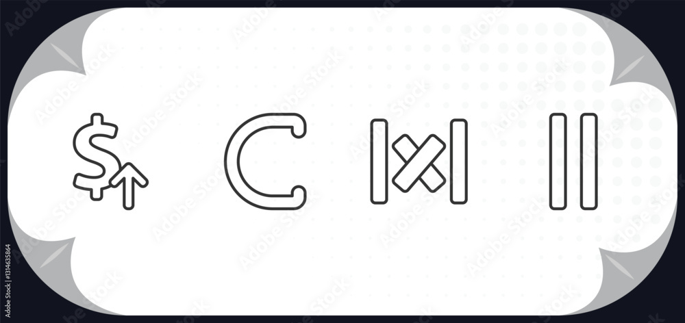Poster outline icons set - signs concept. currency value, is a sub of, absolute, is parallel to.