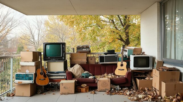 Overloaded Balcony Scene with Antique Television Furniture Cardboard Boxes and Autumnal Leaves