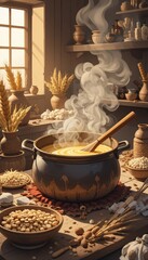 Fototapeta premium A rustic kitchen scene with a large pot of simmering food, surrounded by grains and utensils, evoking a sense of home-cooked goodness.