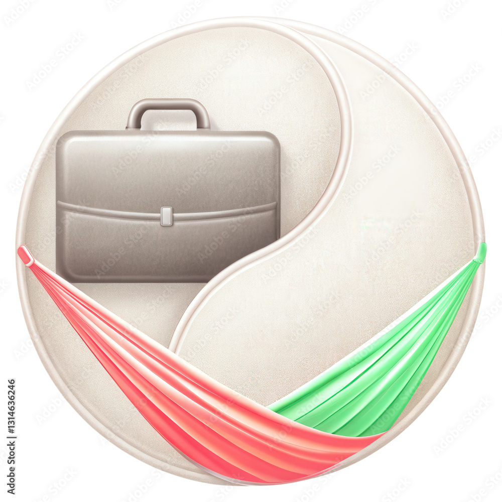 Aufkleber a yin-yang symbol creatively formed with a briefcase and a hammock, symbolizing balance in work and 