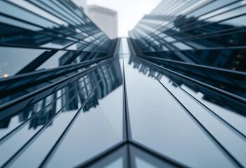 Obraz premium Angular glass skyscraper facade, sharp lines, deep depth of field, abstract, contemporary