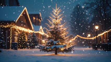 Christmas tree and falling snow in the evening light within a festive magical atmosphere.
