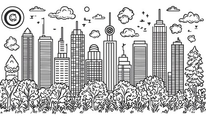 Cityscape Skyline Doodle: Urban Nature Harmony.