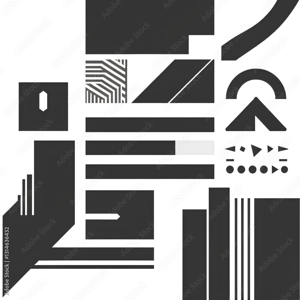Poster set of geometric elements in black and white, featuring abstract patterns and modern minimalist desi