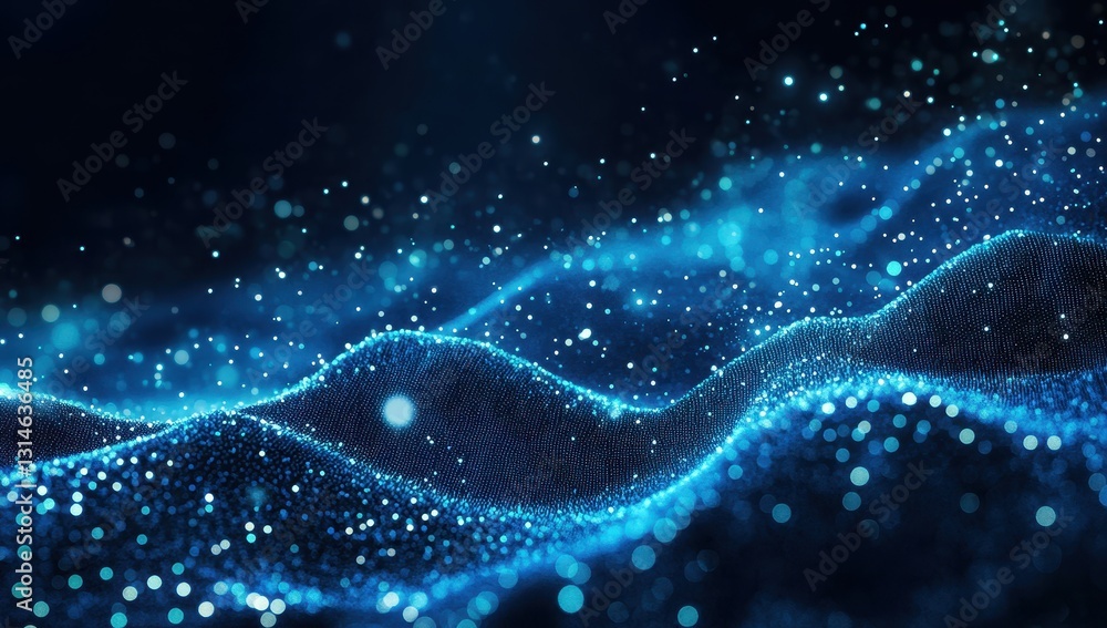 Poster abstract glowing particles creating a wave-like illusion with blue tones and sparkling effects for a