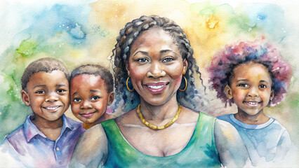 Watercolor Illustration, Hand-drawn Realistic Family Portrait of Smiling Mom and Children