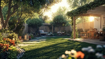 Fototapeta premium A serene backyard scene illuminated by sunlight, featuring lush greenery, seating areas, and vibrant flowers, perfect for relaxation and outdoor enjoyment.