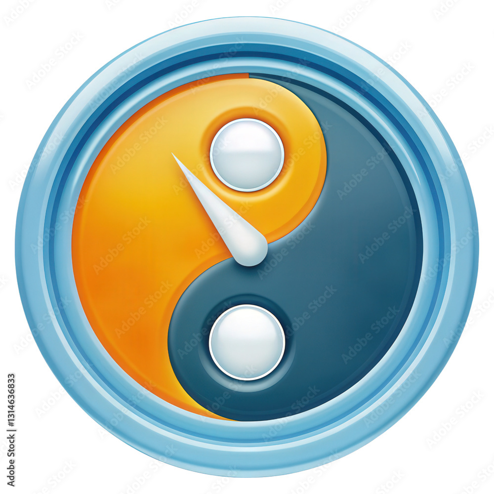 Poster a clock designed as a yin-yang symbol, blending timekeeping with eastern philosophy.