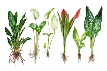 Illustration showcasing various parts of Cryptocoryne plant with roots and leaves displayed together